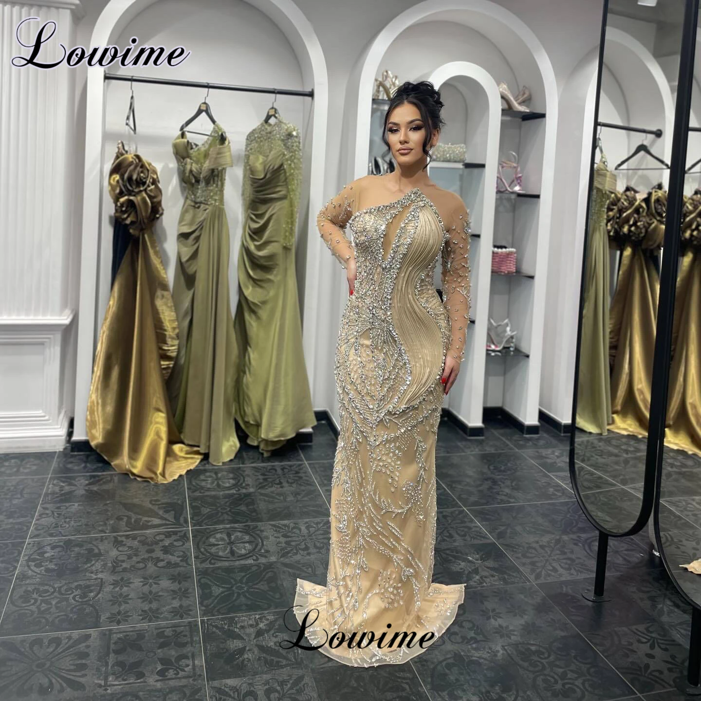 Zweiteilige Champagner-Abendkleider mit Umhang, langen Ärmeln, Kristallen, Promi-Kleider, Partykleider, Robes de Soirée, individuell gestaltet