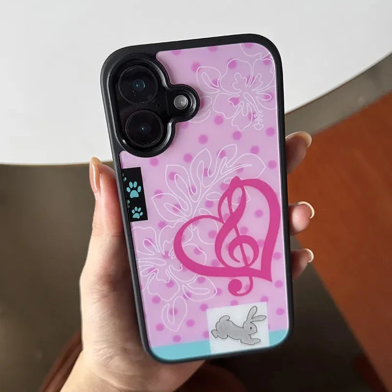 Fashion Cute Girl Pink Rabbit Stickers Music Note Love Phone Case For iPhone 17 AIR 16 15 14 13 12 11 PRO MAX PLUS Cover view 2
