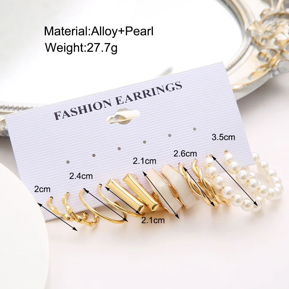 LATS Boho Big Circle Hoop Earring Set for Women Gold Color Bohemia Vintage Pearl Square Earring Heart Zircon Ear Studs Jewelry