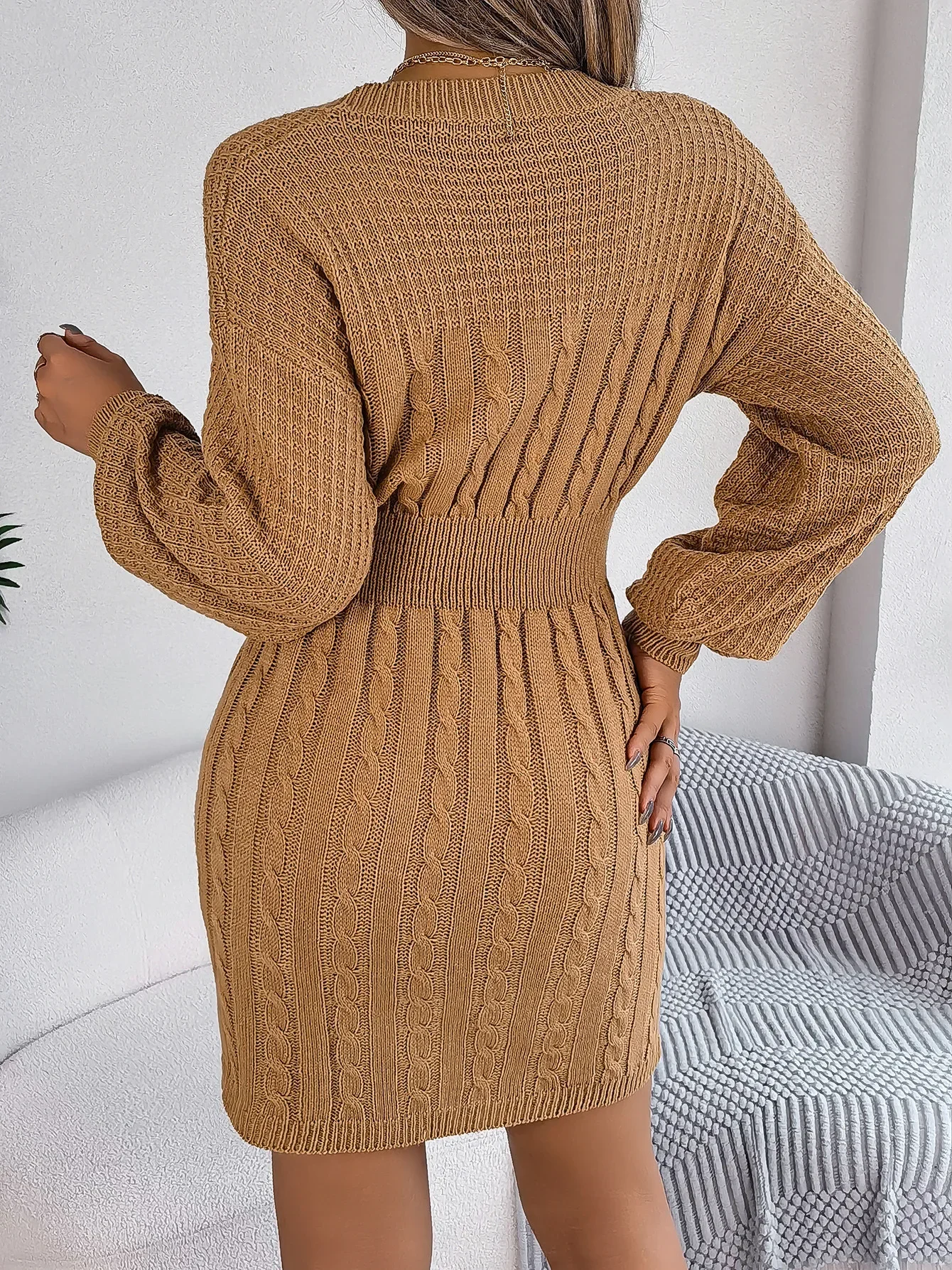 Autumn Winter Solid Color Woolen Dress O-Neck Lantern Sleeve Hollow Out Knitted Dresses for Women Fashion Casual Vestidos