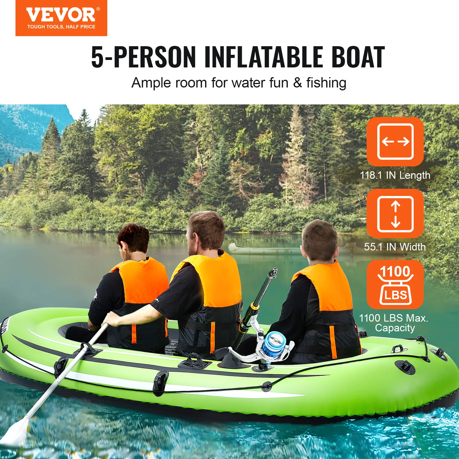 VEVOR Inflatable Boat 4-Person Inflatable Fishing Boat Strong PVC Portable Boat Raft Kayak 45.6" Aluminum Oars High-Output Pump