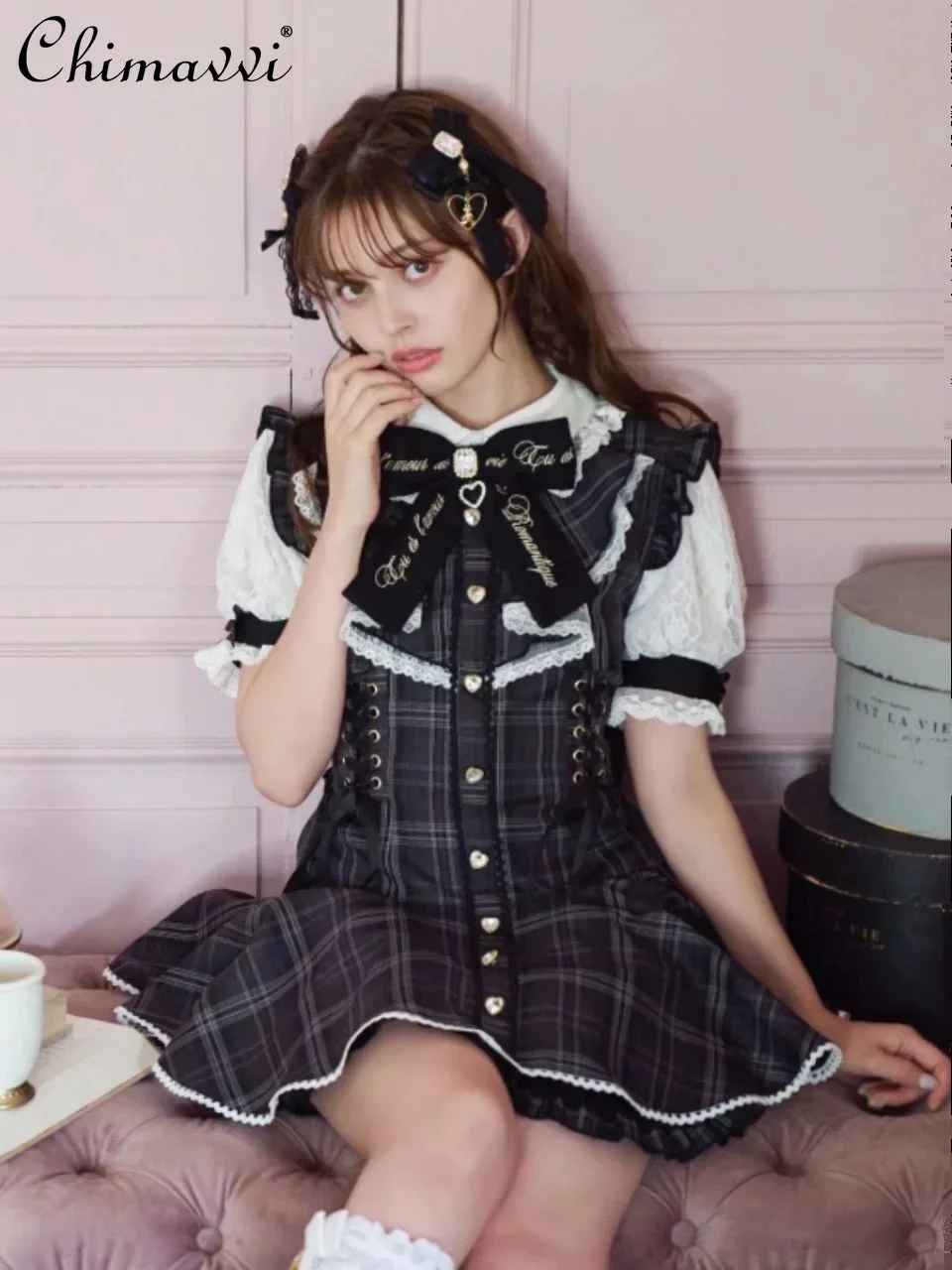 Mine Mass-produced Dress Sets Japanese Sweet Diamond Buckle Love Bow Lace Short-sleeved Dress Shorts Girl Lolita Two-piece Set