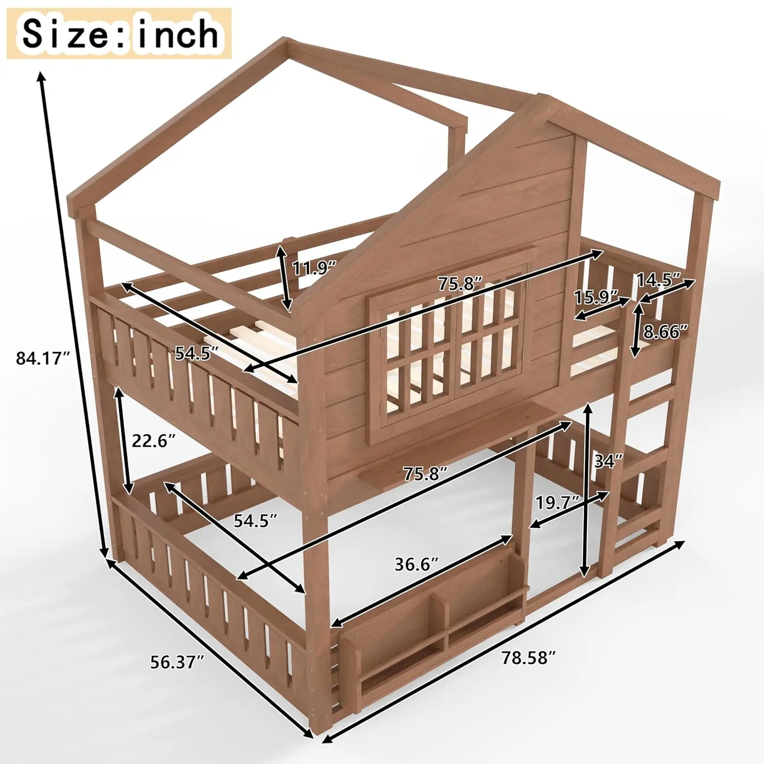 Full Size Convertible Bunk Bed with Bookshelf Safety Rails Space Saving Multi Functional Easy Assembly Natural Wood Customized
