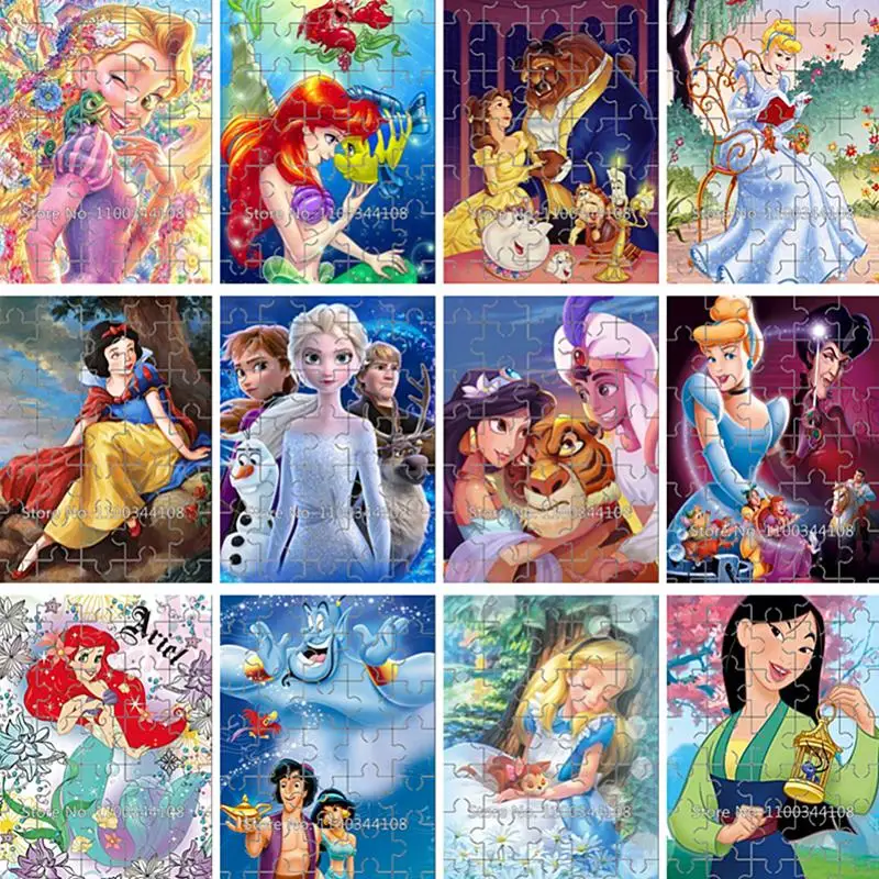 Disney Cartoon Princess 35 Pieces Mini Jigsaw Puzzles Snow White Mermaid Cinderella Wooden Puzzle for Girls Handmade Toys Gifts