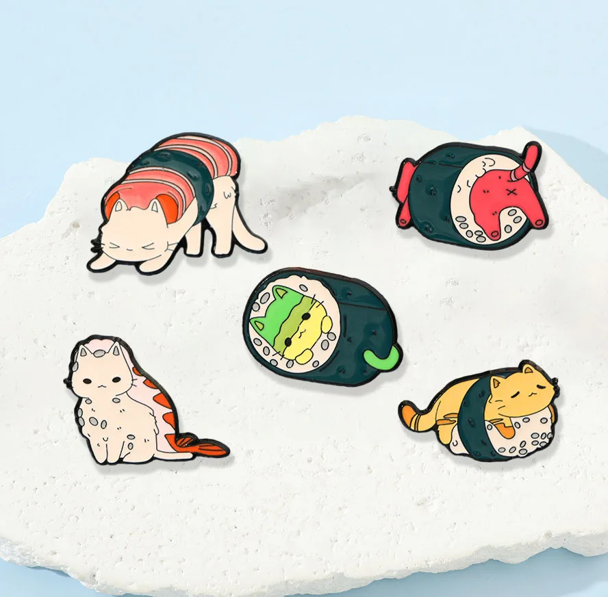 Cross border new cute cartoon food cat brooch fun cuisine sushi cat badge, daily clothing bag accessories