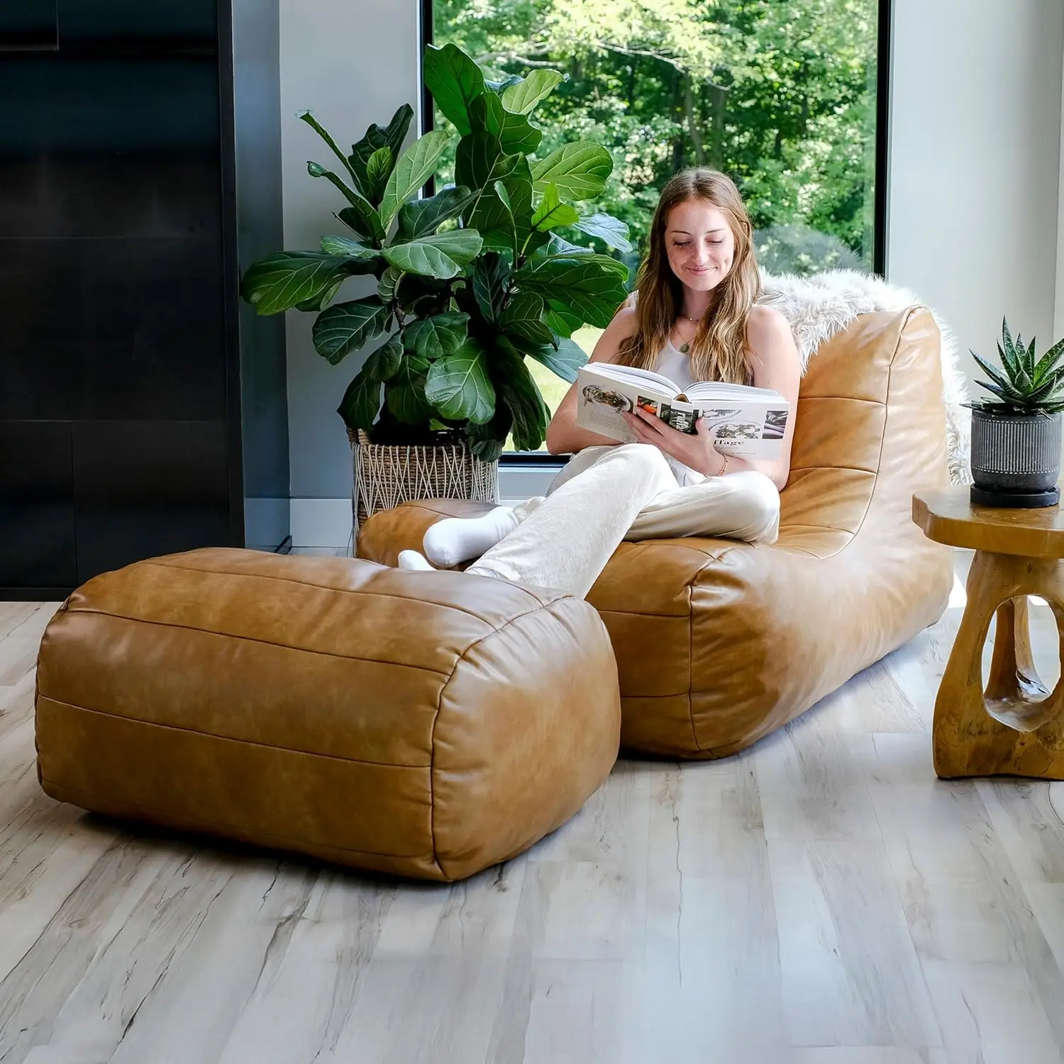 Bean Bag Chair Lounge Set With Ottoman Modern Upholstered Single Sofa Reclining Reading Armchair Accent Lounger Furniture Living Room Bedroom Copper