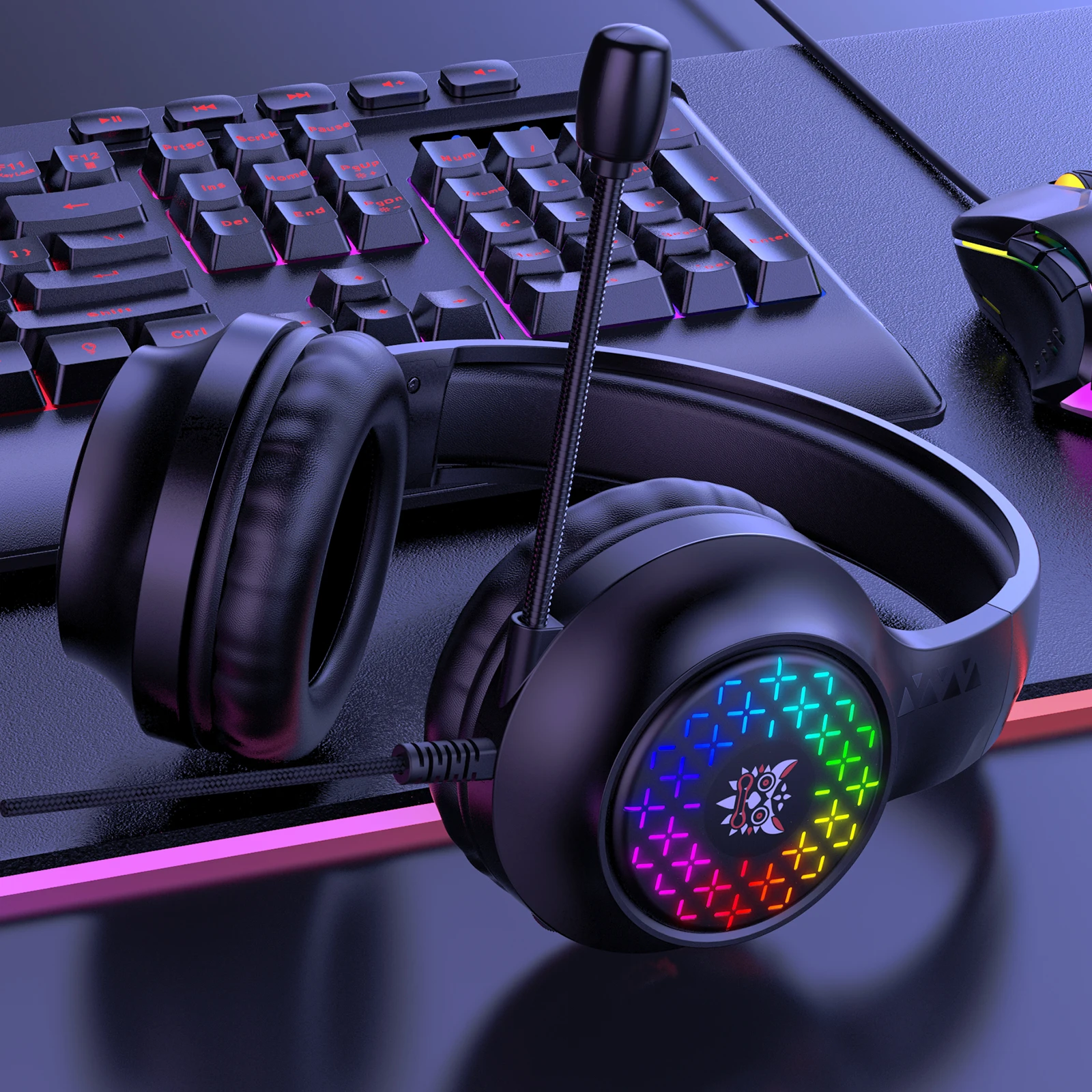 ONIKUMA Gaming Headset, Surround Sound Gaming Headset with Noise Cancelling Microphone, RGB Lights and Soft Memory Earcups