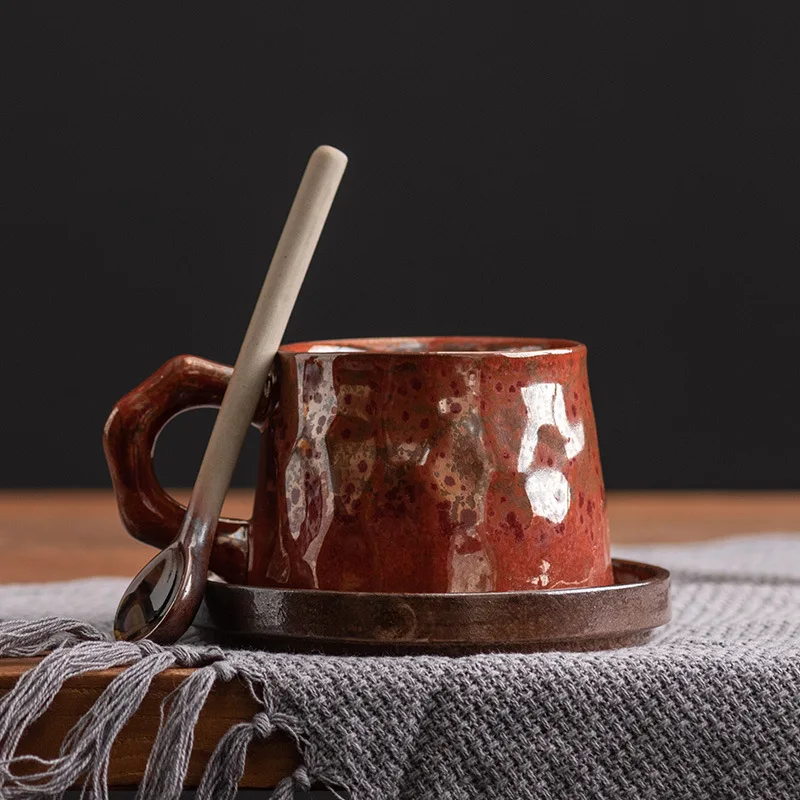 Juego de platillo y cambio de horno de cerámica gruesa, taza de café de cerámica de arte Retro japonés hecha a mano