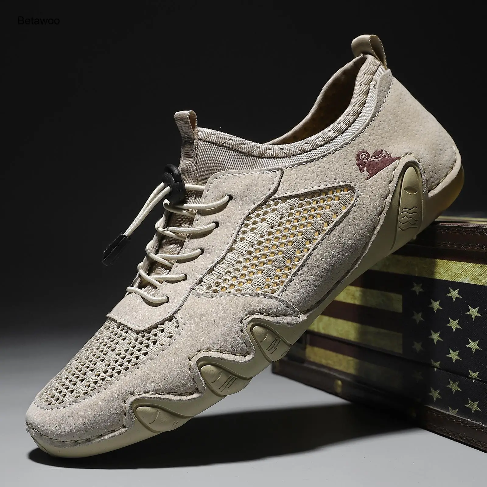 Mens Beige Breathable Mesh Casual Shoes Elastic Lace Up Comfortable Walking Sneakers