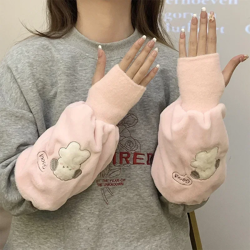 Cartoon 2-in-1 Fall/Winter Plush Warmer Cover Sleeves Dirty Resistant Gloves Thickened Women Fashion Fingerless Arm Warmers 2024