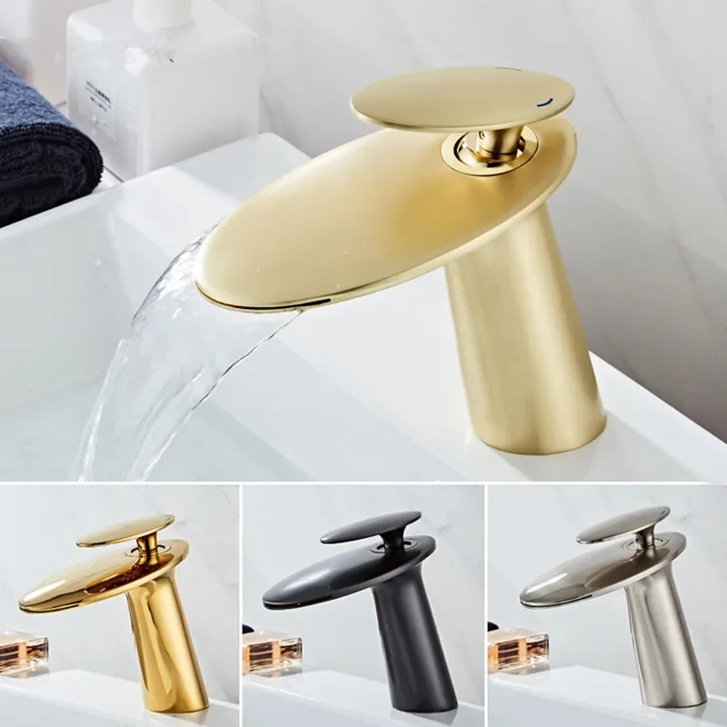 

Brushed Gold Basin Faucet Brass Rose Gold Bathroom Hot Waterfall Mixer Sink Tap Single Handle Deck Mounted