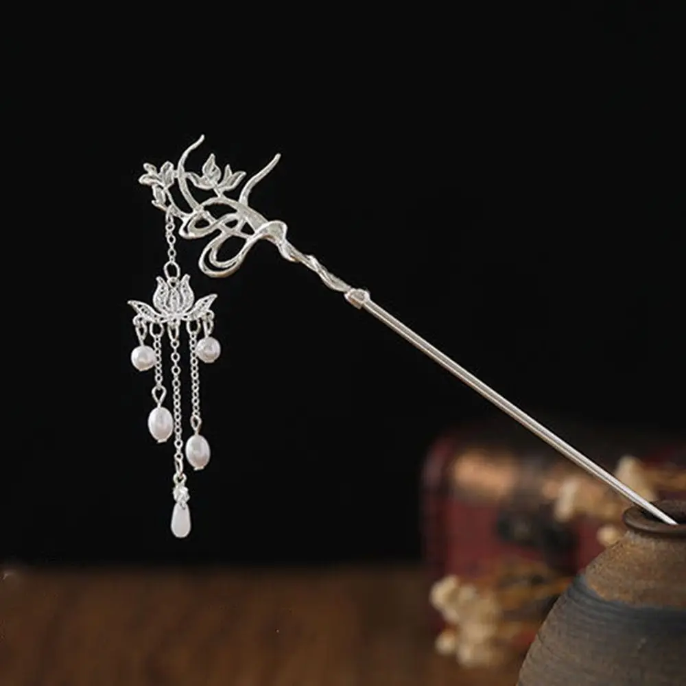 Fashion Elegant Lotus Pearl Alloy Tassel Hair Fork Women Hair Stick Hairpin Chinese Style Hair Clasp