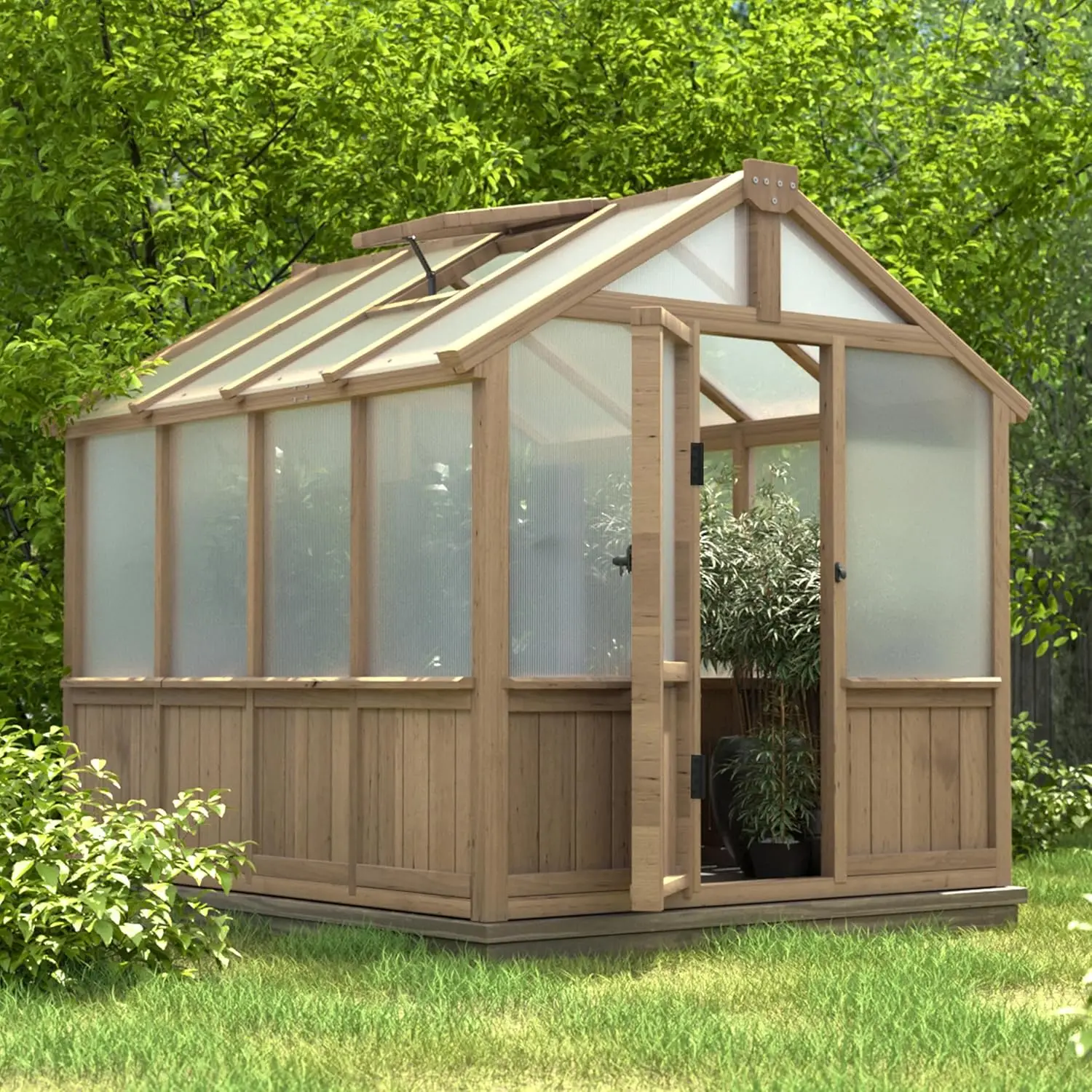 

6x8ft Wooden Greenhouse Cedar Frame 6MM Polycarbonate Adjustable Vent Garden Backyard Light Mocha Brown, Customized