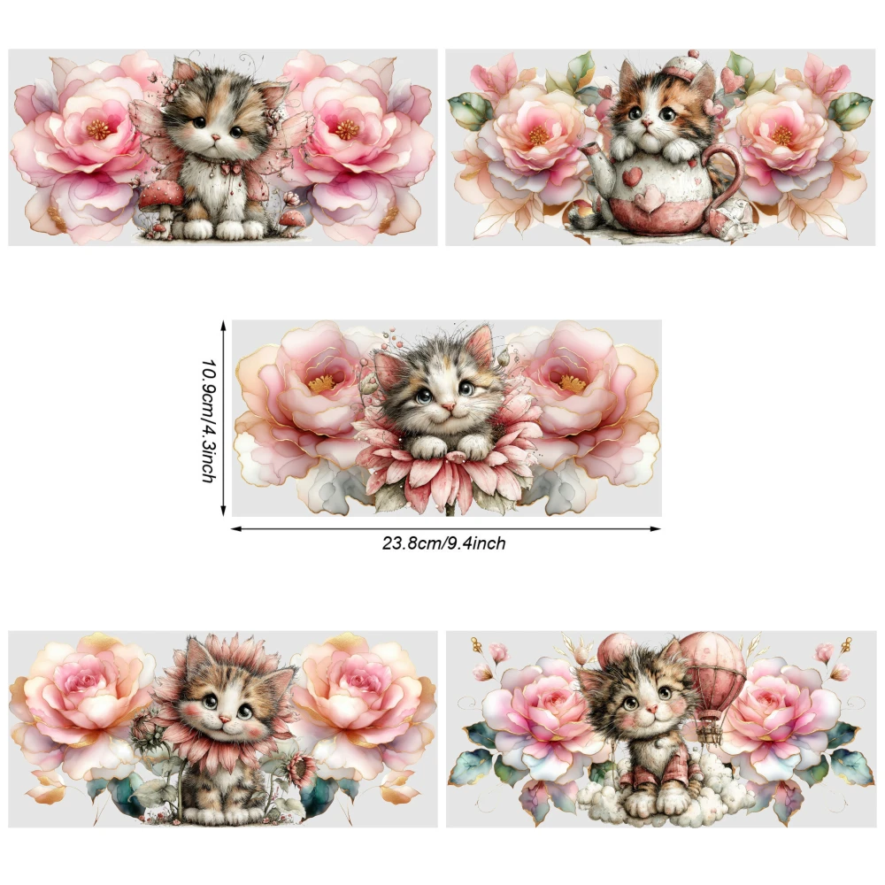 5 Sheets Floral Kitten UV DTF Stickers Cups Decoration UV DTF Stickers Waterproof Rub on Transfers