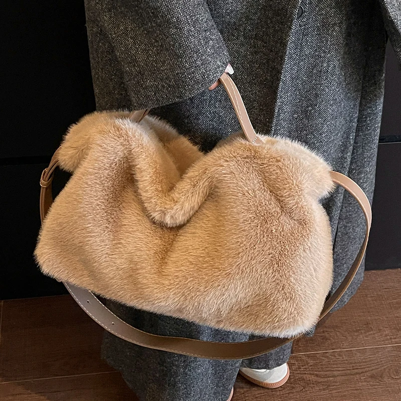 Winter Soft Faux Fur Bucket Shoulder Bag Women Adjustable PU Wide Strap Casual Crossbody Underarm Purse