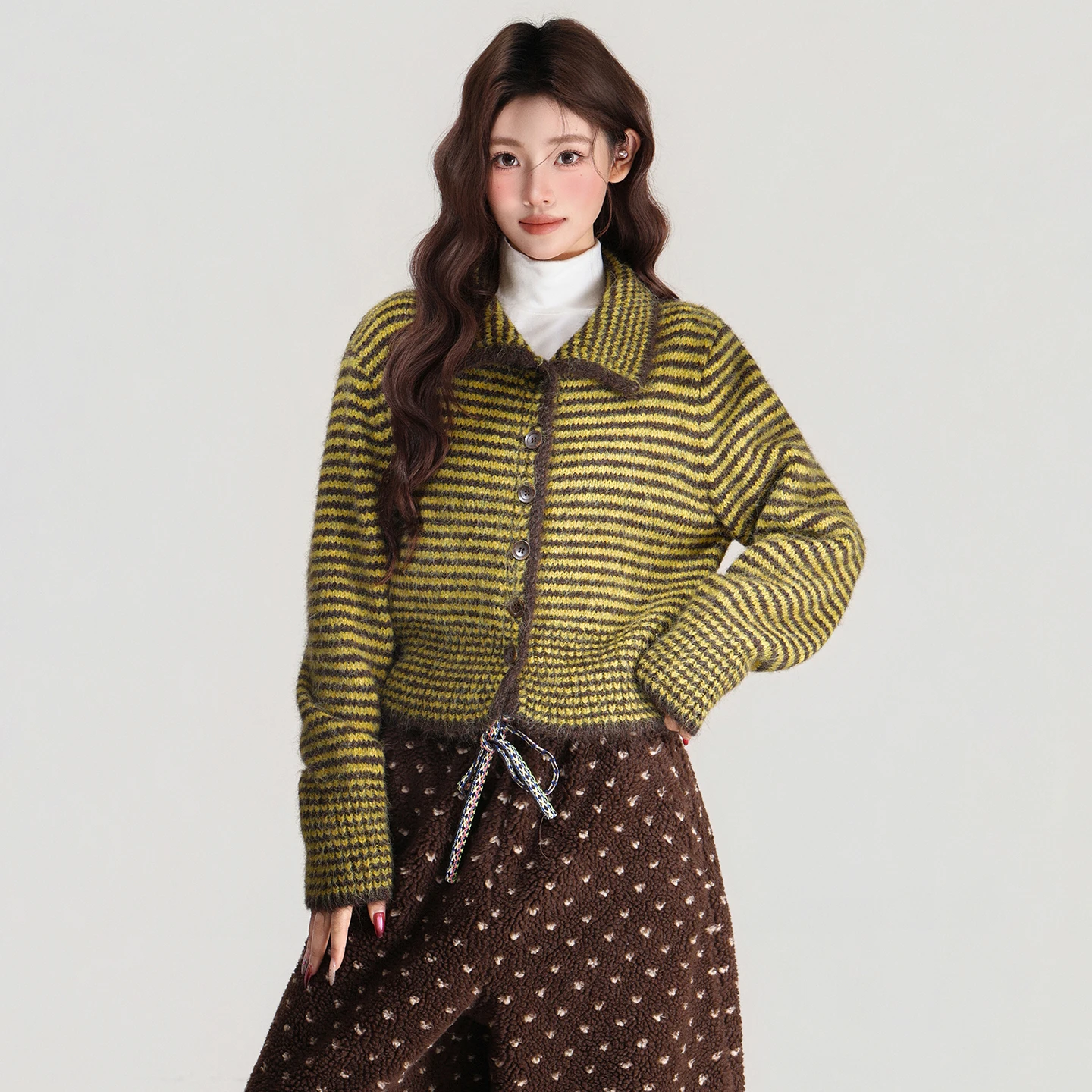 Suéter de punto a rayas con cuello POLO, manga larga, otoño e invierno, nueva chaqueta cárdigan, Top perezoso para mujer