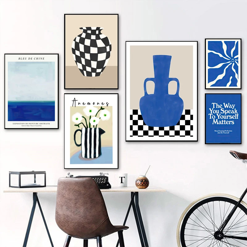 

Abstract Blue Stripes Ocean Matisse Girl Flower Vase Wall Art Canvas Painting Posters And Prints Pictures For Living Room Decor