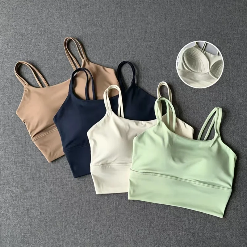 Square Neck Double Thin Spaghetti Strap Sports Bra for Women Naked Soft Shockproof Integrated Fixed Cup Skin‑Friendly Yoga Bra