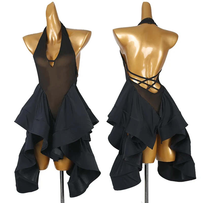 Black Latin Dance Dress Women Performance Clothing Sexy Halter Dresses Latin Dance Show Stage Wear Adult Rumba Dancewear VDL3852