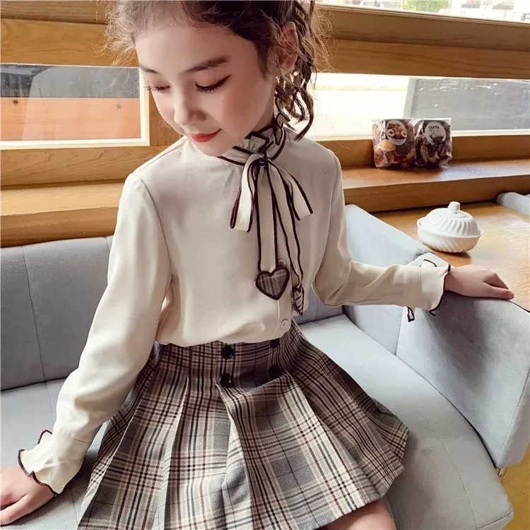 110-160cm Spring Autumn Girls 2pcs Skirt Set Long Sleeves Kids Princess Top And Skirt Designed Suits School Uniform Clothing