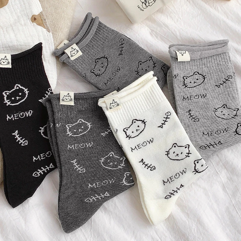 

Kawaii носки с рисунком кота и рыбьей кости для женщин и девочек, мягкие хлопковые удобные носки средней длины на все сезоны, модные чулочно-носочные изделия