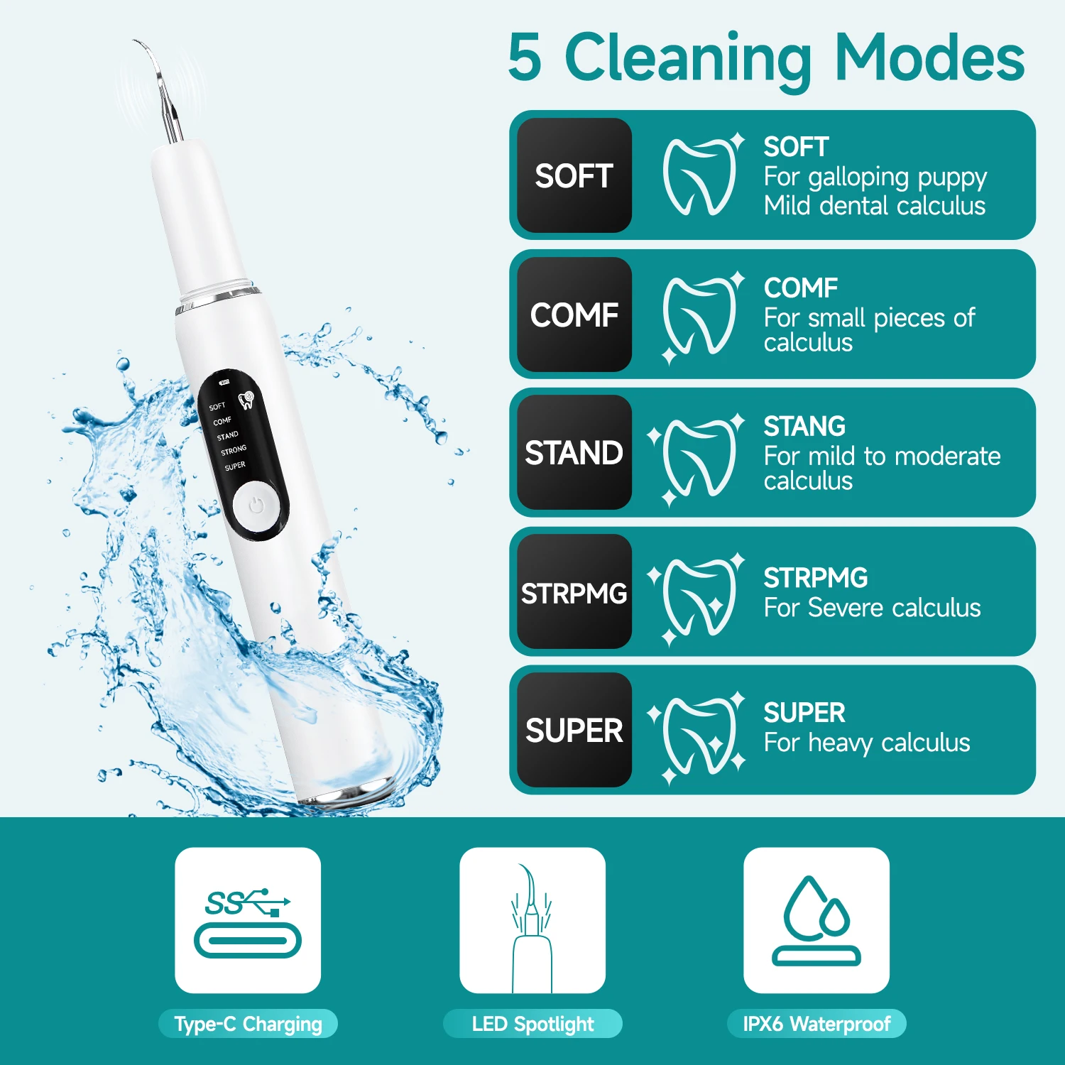 CURVY MOON T6 Limpiador de dientes ultrasónico para uso doméstico Escalador dental para eliminación de sarro Herramienta de limpieza de dientes con tecnología sónica