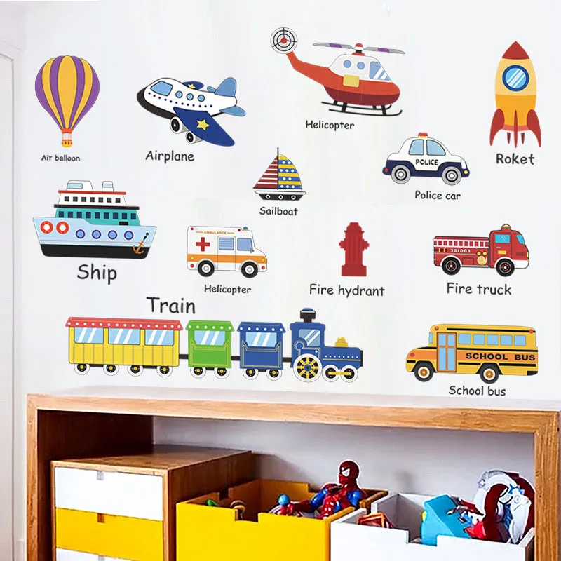 Cartoon vehicles, cars, ships, aircraft portfolio painting children's room background decoration wall stickers