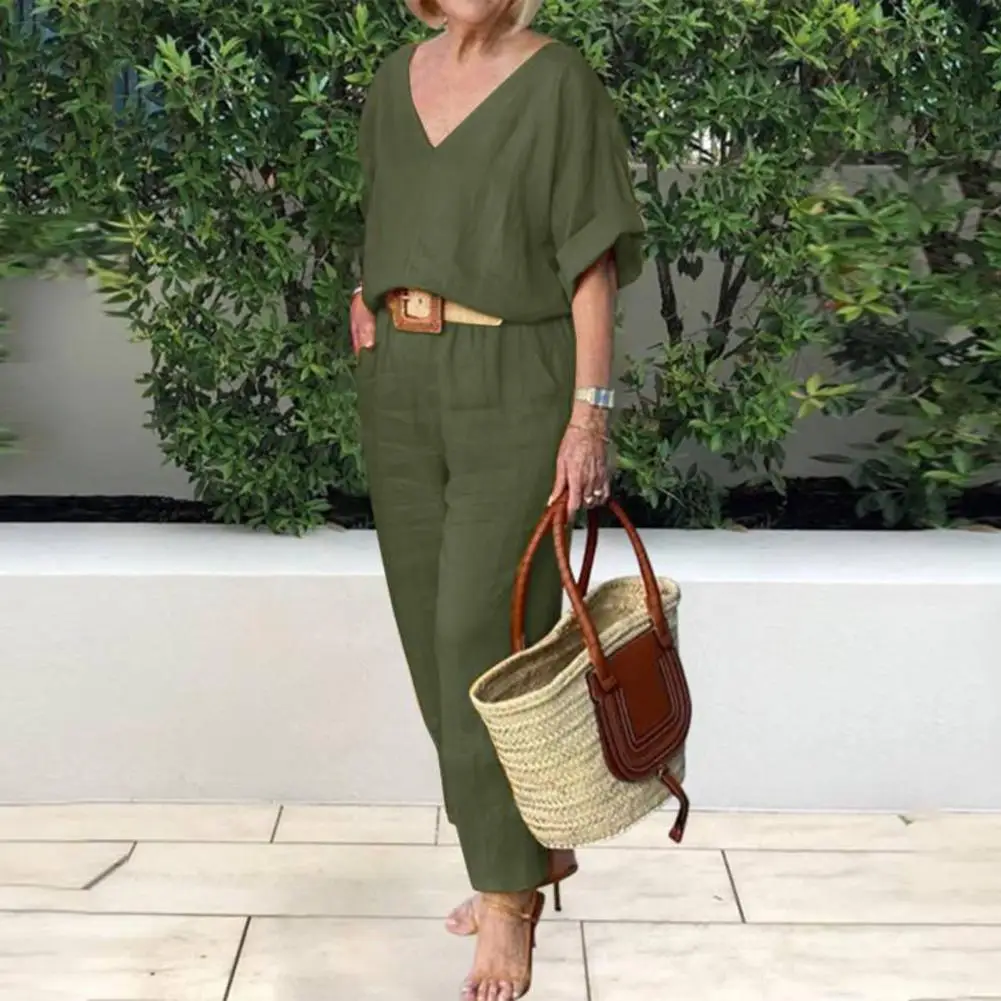 Lady Autunno Estate Outfit Donna T-shirt Pantaloni Set Tinta unita Scollo a V Elastico in vita Mezza manica Tasche a vita alta Top Pantaloni 2025