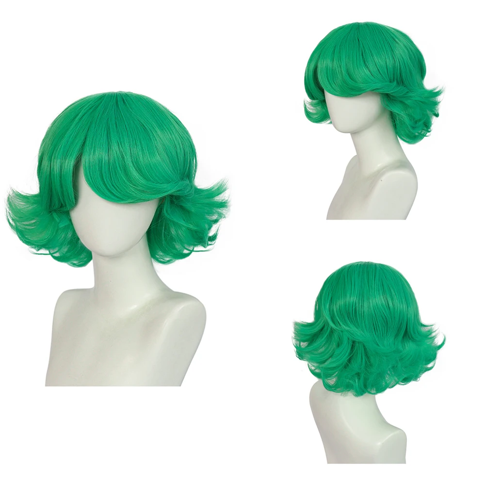 

High-Quality Anime One Punch Man‌‌ Tatsumaki Cosplay Synthetic Hair 12-Inch Green Short Curly Hair Halloween Carnival Daily Wig