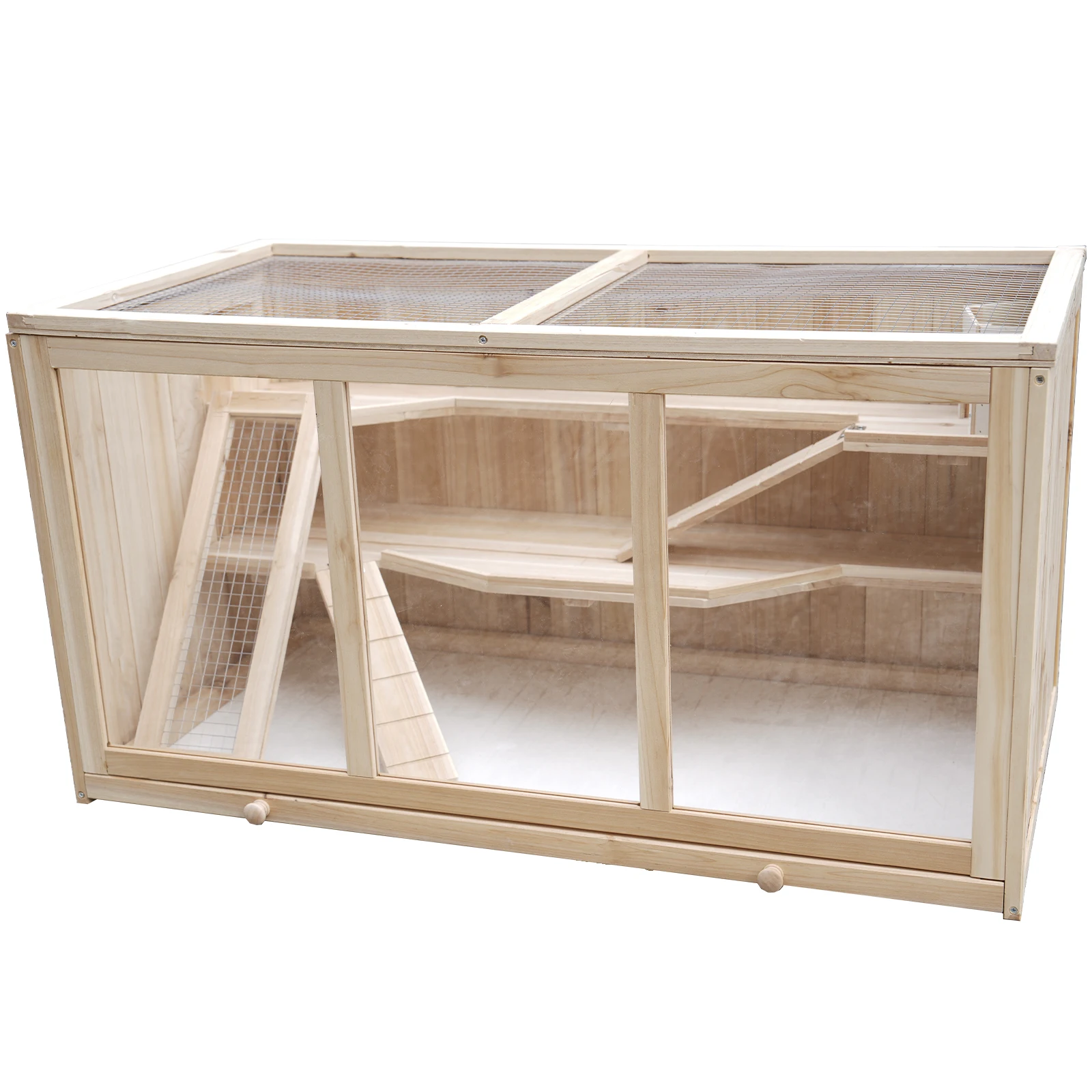 Large Wooden Hamster Cage with Acrylic Windows, Multi-Level Small Pet Habitat with Deep Tray, Ventilated Hutch for Syrian Dwarf Hamsters, Rabbits, Guinea Pigs, Chinchillas view 4
