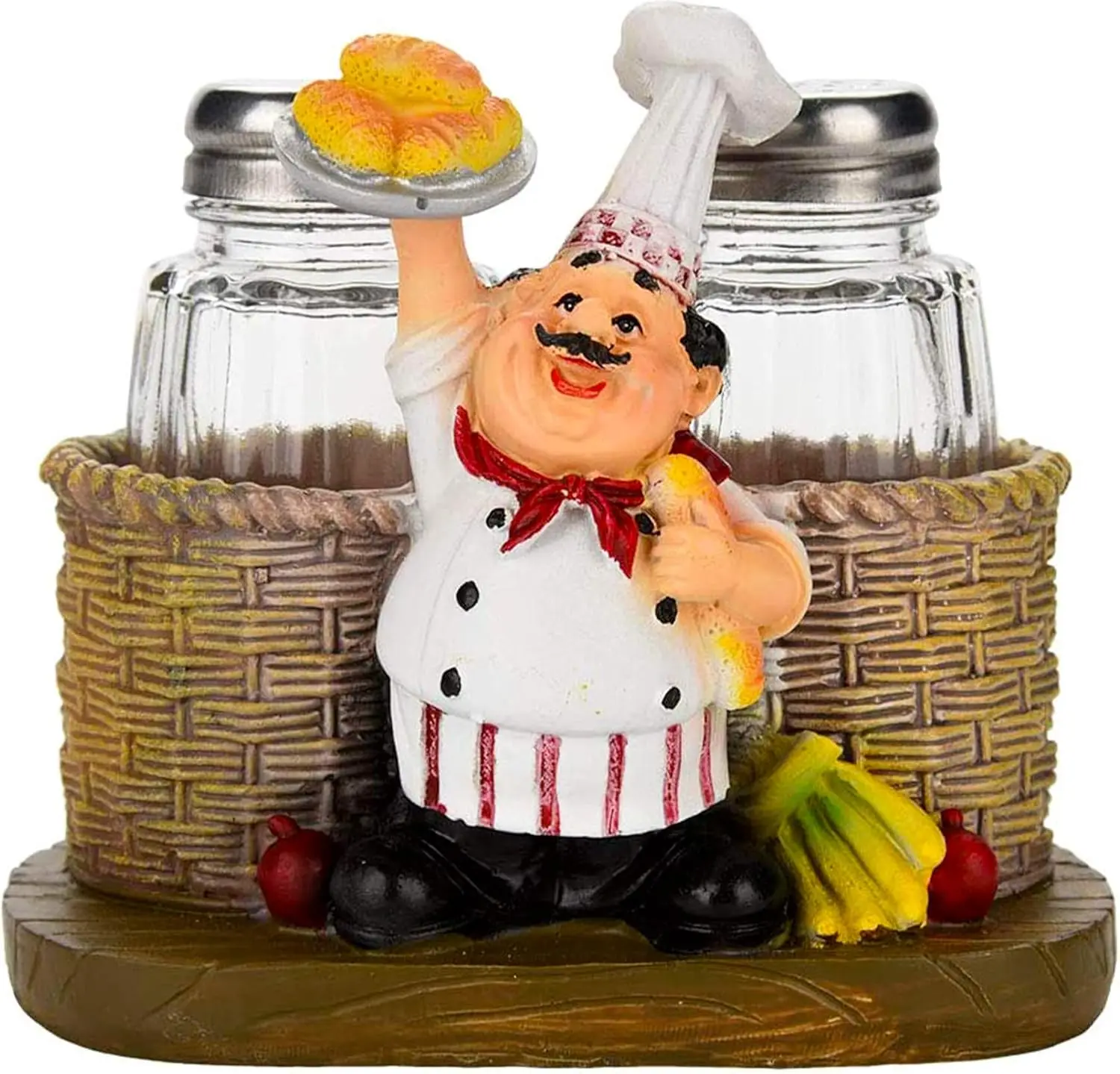 

Sitting Chef Salt and Pepper Shakers Set with Glass Jars and Holder for Kitchen Decor