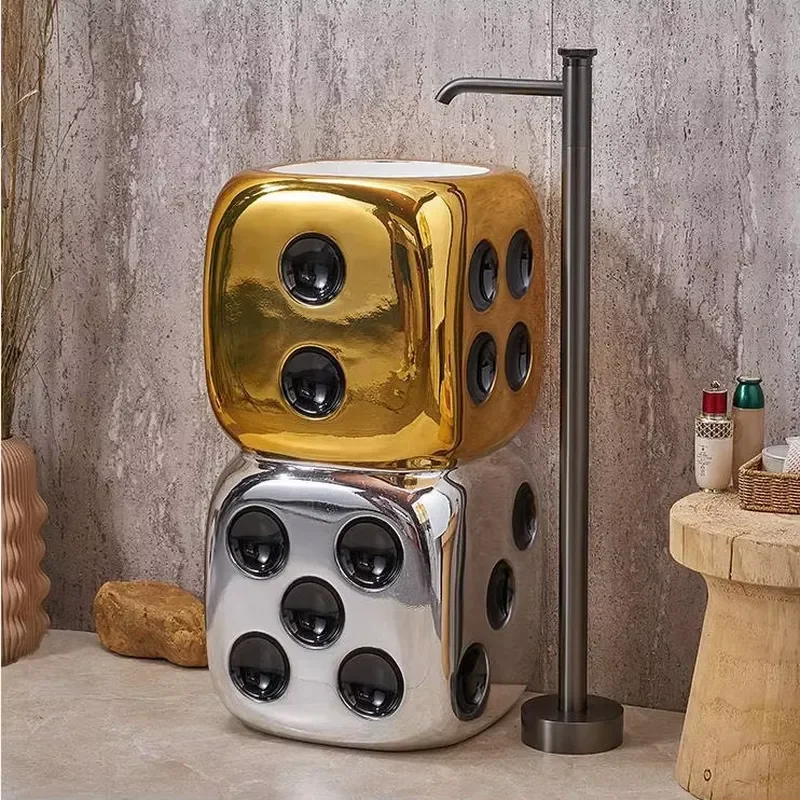 Unique Dice Shaped Freestanding Washbasin with Floor to Ceiling Bathroom Faucet Deluxe Vanity Sink Set