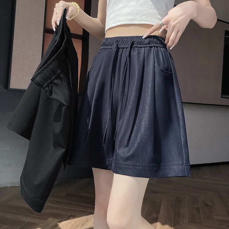 

Pop Summer Vintage Ick-Silk Women's Wide Leg Shorts New High Waist Lace-up Casual Loose Jeans Short Pants Female