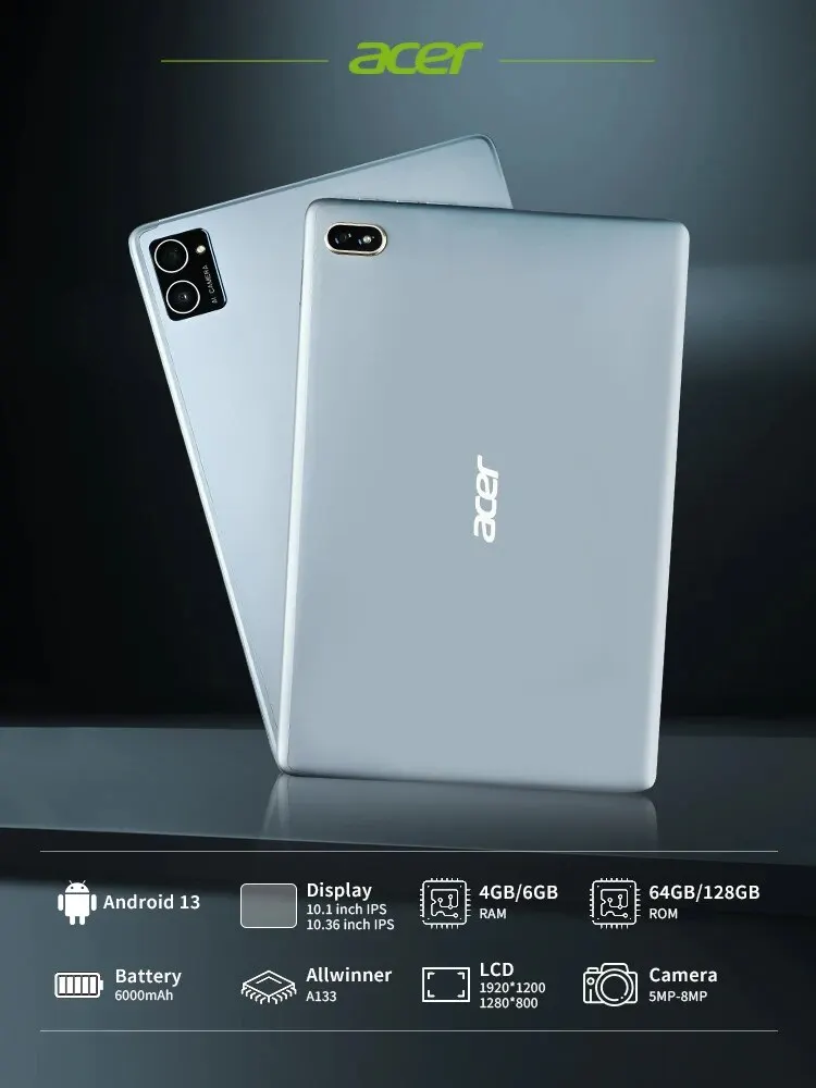 Acer ทุกรุ่นแผ่นเดิม10.4นิ้วสองซิม WiFi HD 2K หน้าจอ IPS 6 + 128GB แท็บเล็ต PC 6000mAh พร้อมคีย์บอร์ด