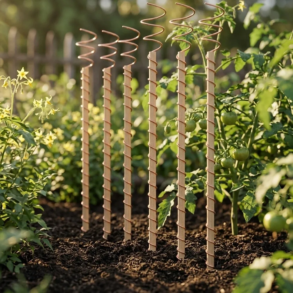 Plant Support Stakes Designed for Electroculture Effect with Copper Conductor and Wooden Structure 11.8 Inch 6 Pack
