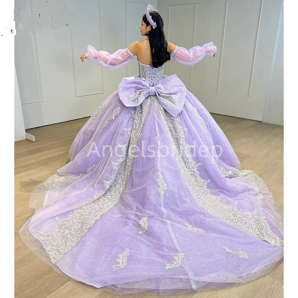 Angelsbride-Lavender Cristal Beading vestido de baile, destacável mangas compridas, Bow Corset, Vestidos Quinceanera, 15 anos