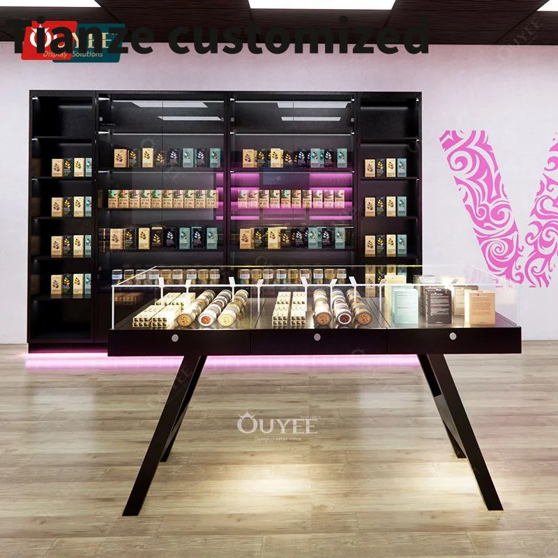 Customized-Wooden Cabinet Led Display Light Vintage Glass Shelf Stands Cigar Humidor Cigar Cooler Smoke Retail Shop Display