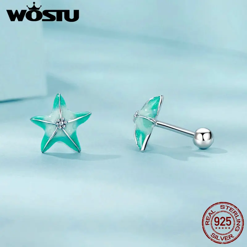 WOSTU 925 Sterling Silver Mini Blue Green Starfish Stud Earrings For Women Ocean Jewelry Studs Earring Girl Birthday Party Gift