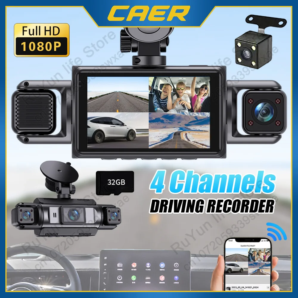 

Dash Cam Super Night Vision Loop Recording & 3" IPS Screen 1080P UHD 4 Camera Wi-Fi DVR Recorder Front Left Right Rear View Cam
