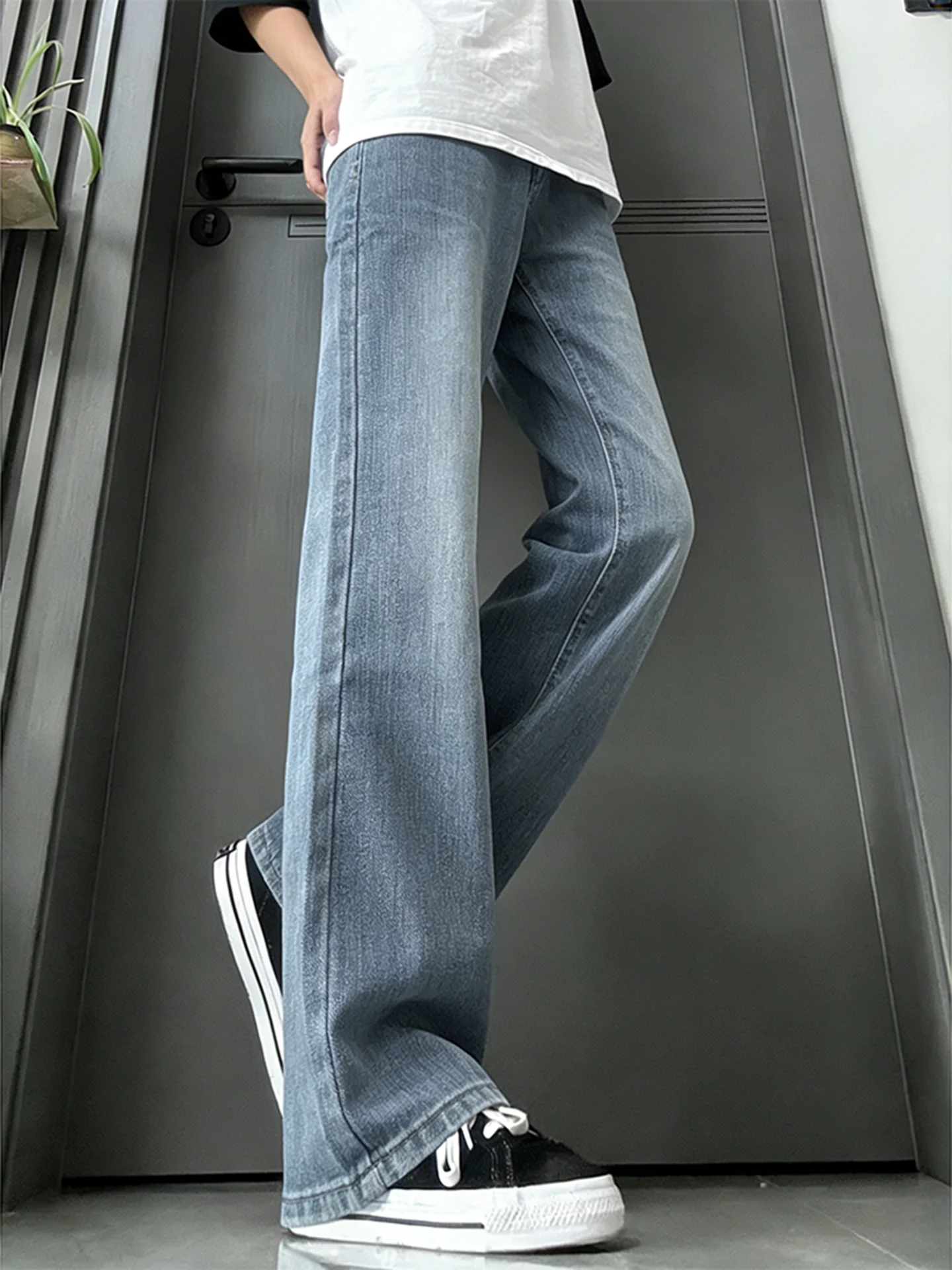 

Мужские джинсы-клеш в стиле ретро с синим бамбуковым узором, американские, в стиле High Street, прямого кроя, CleanFit, с эффектом потертости