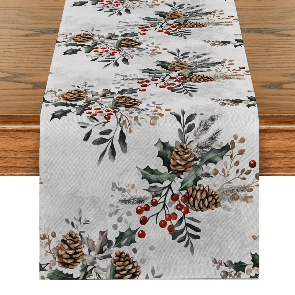 Christmas Holly Berry Fir Pine Cone Table Runners Dresser Table Decor Farmhouse Dining Table Runner Holiday Party Decoration