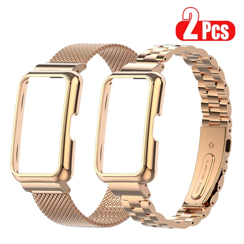 Imagen 1 del producto Funda protectora con correa para Huawei Band 8, 9, 7, 6, correa de reloj de acero inoxidable para huawei band 10, funda protectora de pulsera de Metal