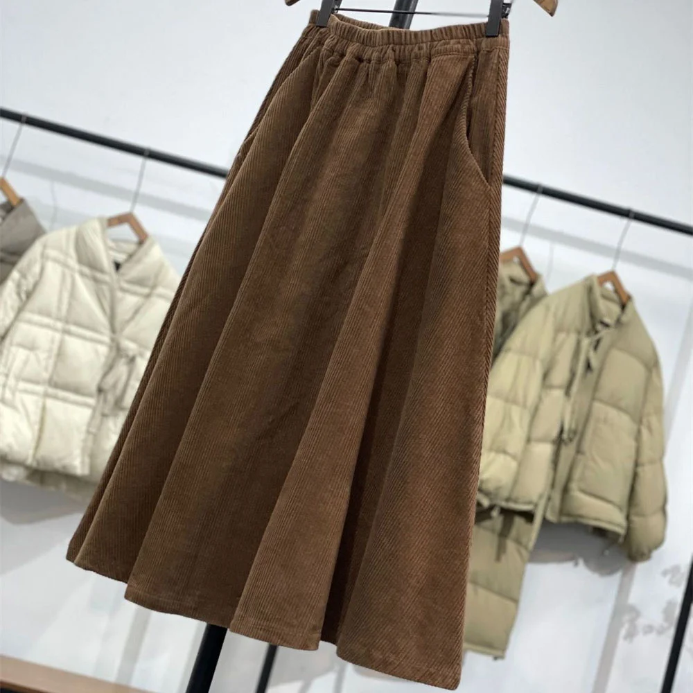Vintage Cord-Midirock für Damen, mit elastischem Bund, A-Linie, brauner Rock mit Taschen, Herbst/Winter, lässiger Vintage-Langrock für Frauen – Detail 2