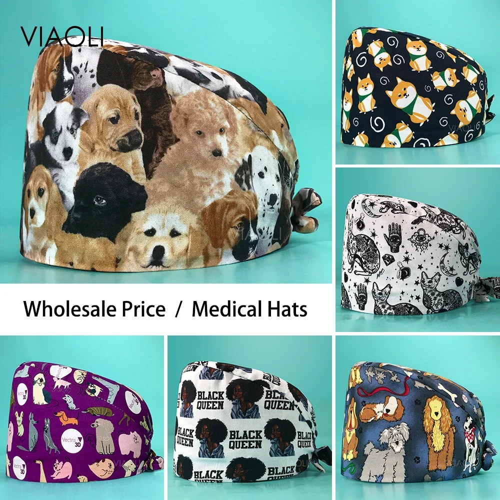 Elastic Band Dentist Nurse Scrubs Caps Hospital Caps High-quality Medical Hat Scrub Nursing Pet Clinic Animal Print Working Caps