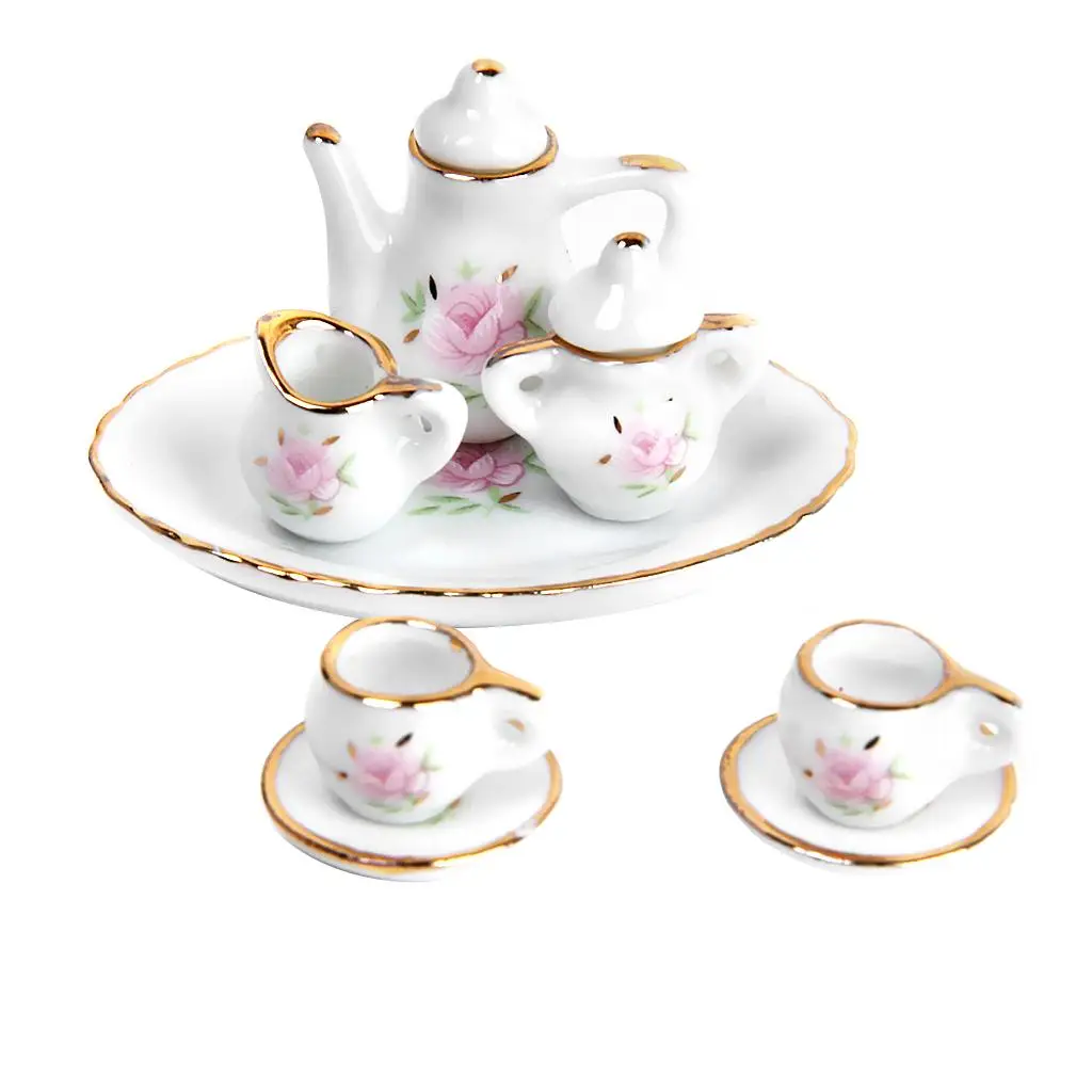 Juego de té de porcelana para casa de muñecas, artículos de comedor en miniatura, plato, taza, plato, decoración Floral para restaurante, cocina, juguetes para juego de imitación, 1/12