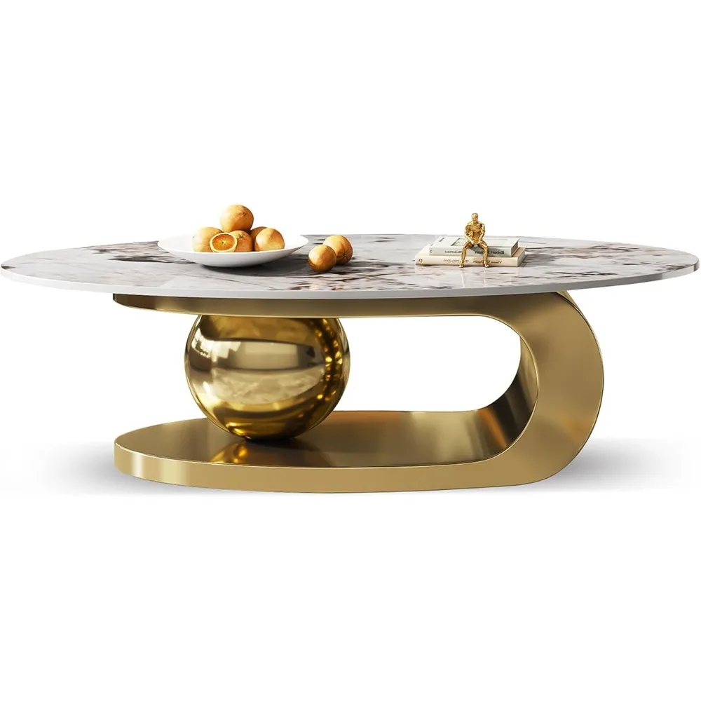 Oval Stone Coffee Table with Abstract Gold Metal Base - Perfect Centerpiece for Stylish Living Rooms-Gold,51