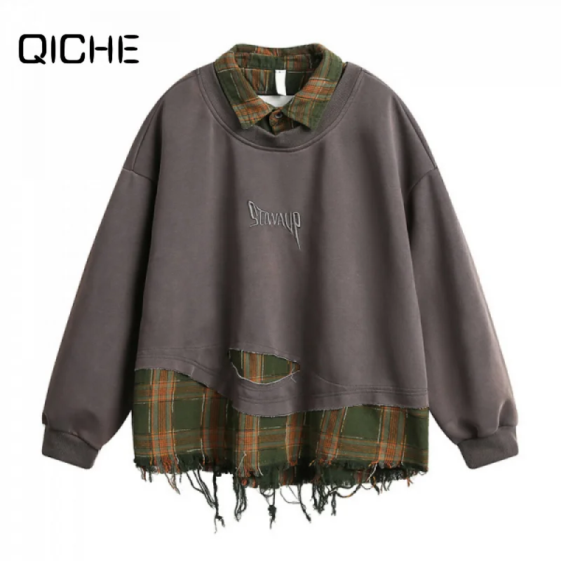 QICHE 2026 Autumn Unisex Lapel Sweatshirt American Vintage Plaid Splicing Distressed Loose Versatile Top