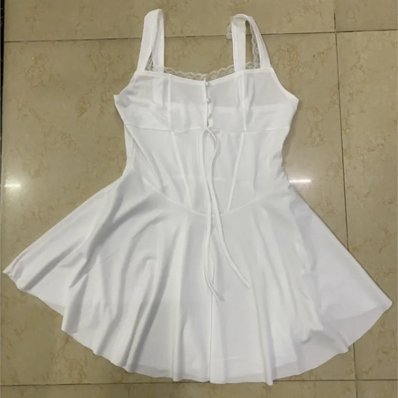 2025年セクシーレーススプライスバレエドレス ローバックボディコンパフスカート スパゲッティストラップ付き レディースサマーパーティー無地ワンピース