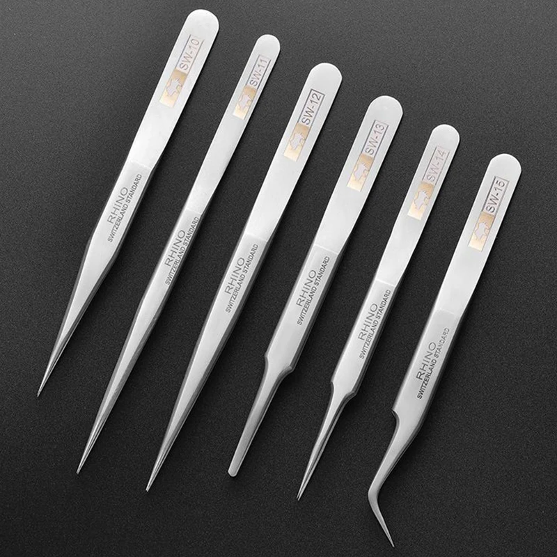 Japanese Rhino SW Series Tweezers Anti-Magnetic Anti-Acid High Hardness Straight Elbow Tweezer For Repair Mobile Phone Watch