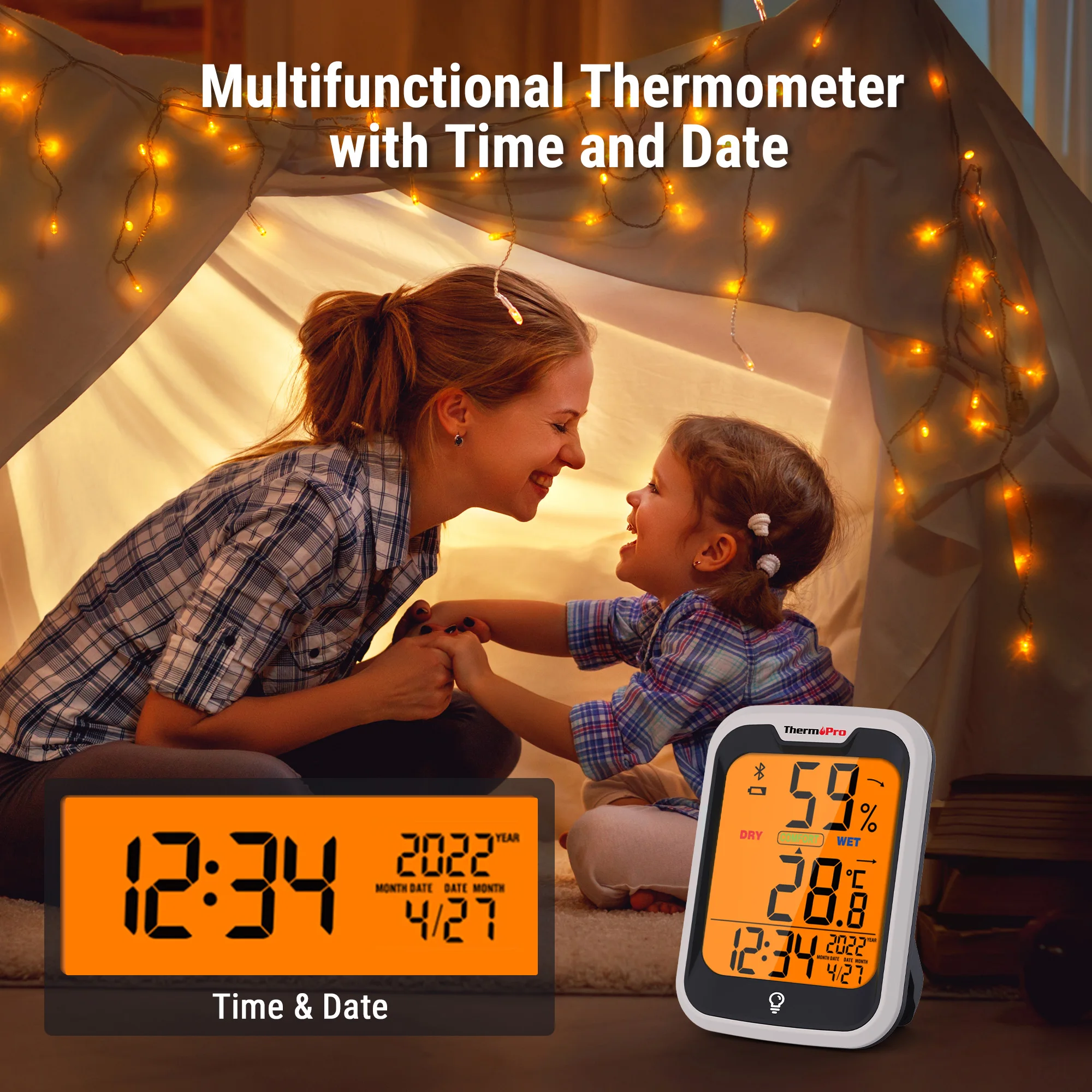 ThermoPro-مقياس حرارة داخلي ومقياس رطوبة ، TP358 ، إضاءة خلفية ، تطبيق يتم التحكم فيه بالبلوتوث ، أرقام ، محطة الطقس ، منزل مع ساعة ويوم #5